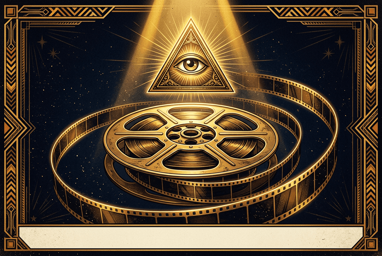 Art-deco advertising poster: a gold film reel with a strip of film unspooling beneath a glowing triangle with an eye, in a spotlight on a midnight-navy background