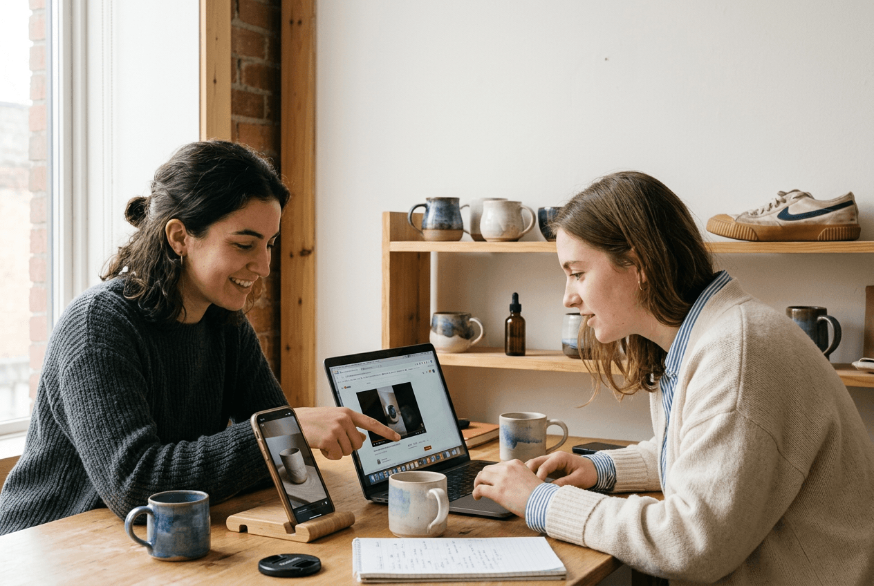 Two agency staff reviewing short vertical product videos for a client