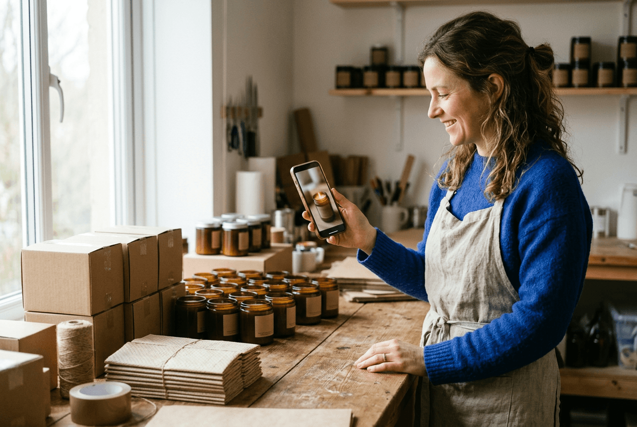A candle-shop founder at her packing table, watching a finished vertical ad for one of her candles on her phone