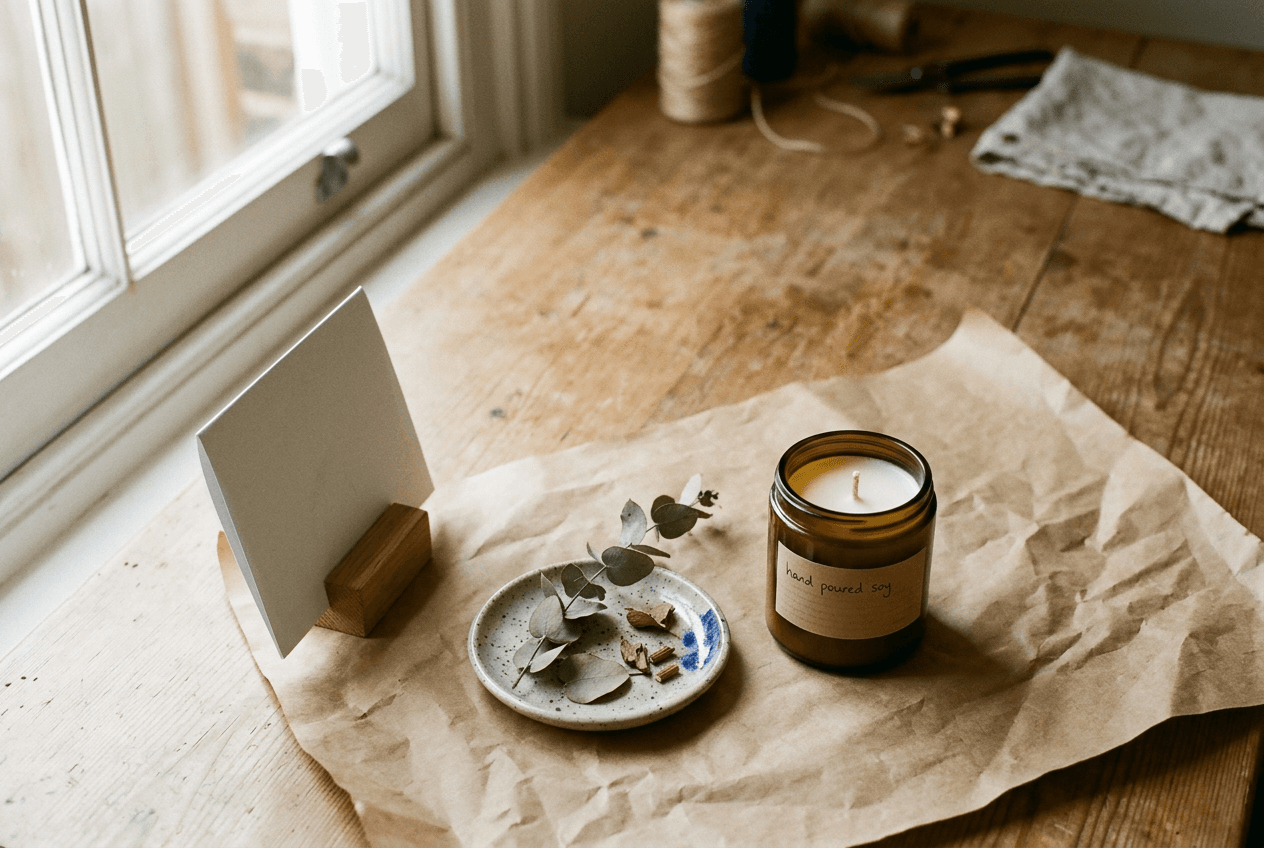 A hand-poured candle on kraft paper in a small studio's photo corner